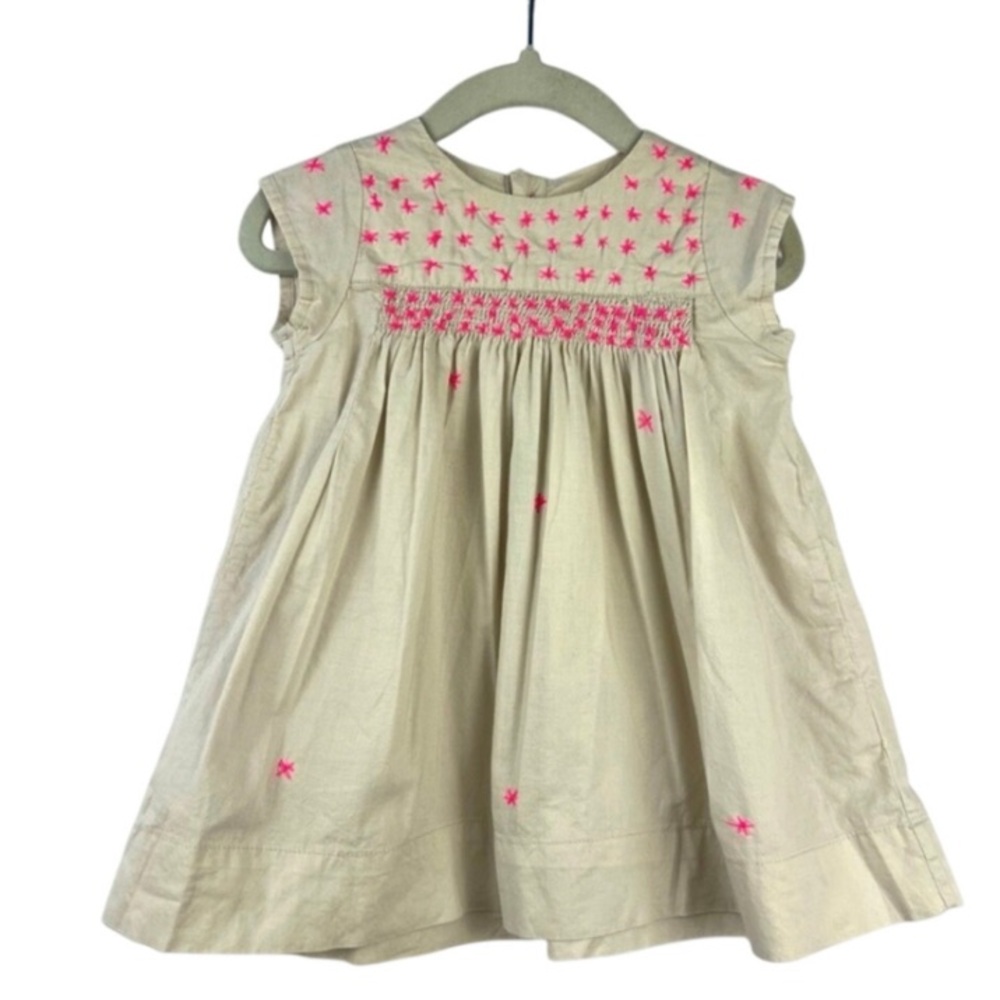 Everbloom Baby Dress, Gray with Neon Pink Embroidery, Cotton Boho Smocked Style